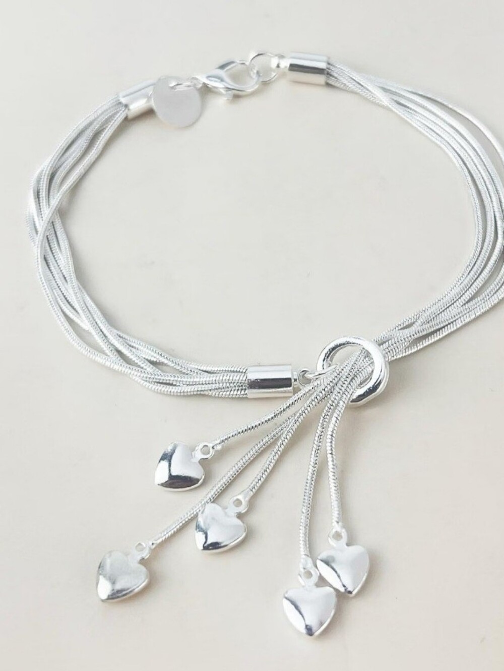 Silver Heart Tassel Multi-Strand Bracelet Sterling Silver